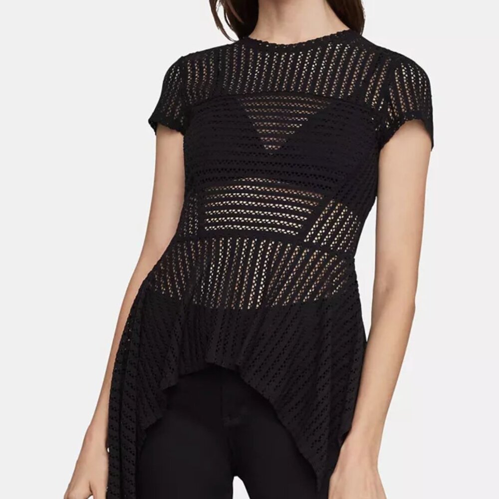 BCBGMaxAzria Black Striped-Lace Asymmetrical-Hem Top